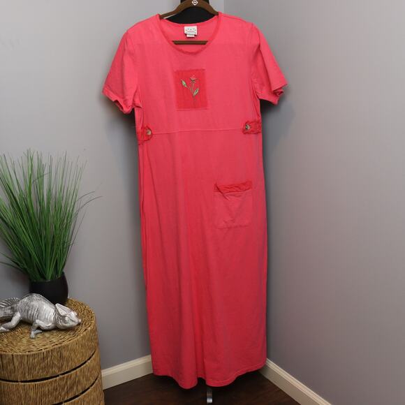 Vintage Donna Embroidered Rose Long Sleeve Cotton Maxi Dress M - Picture 1 of 6